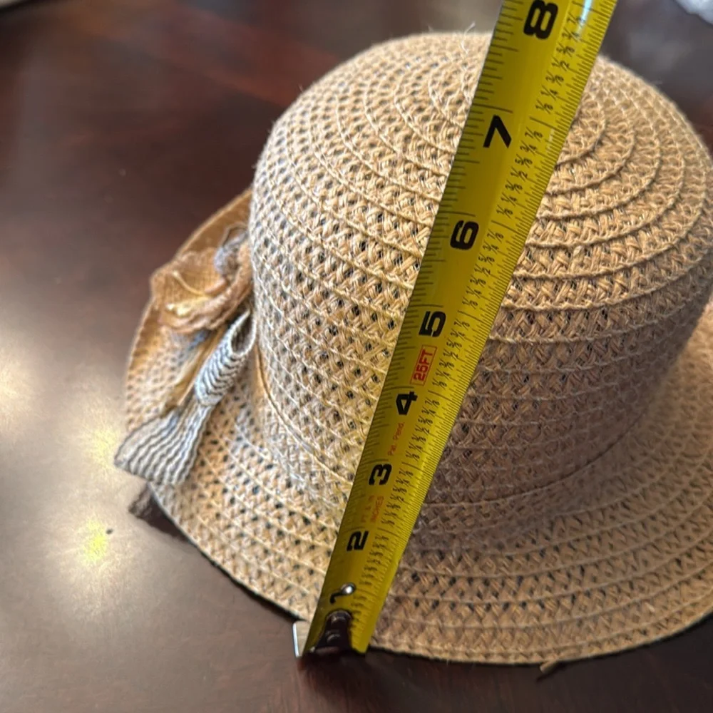 Summer Hat With Burlap/Ribbon Flower At The Side